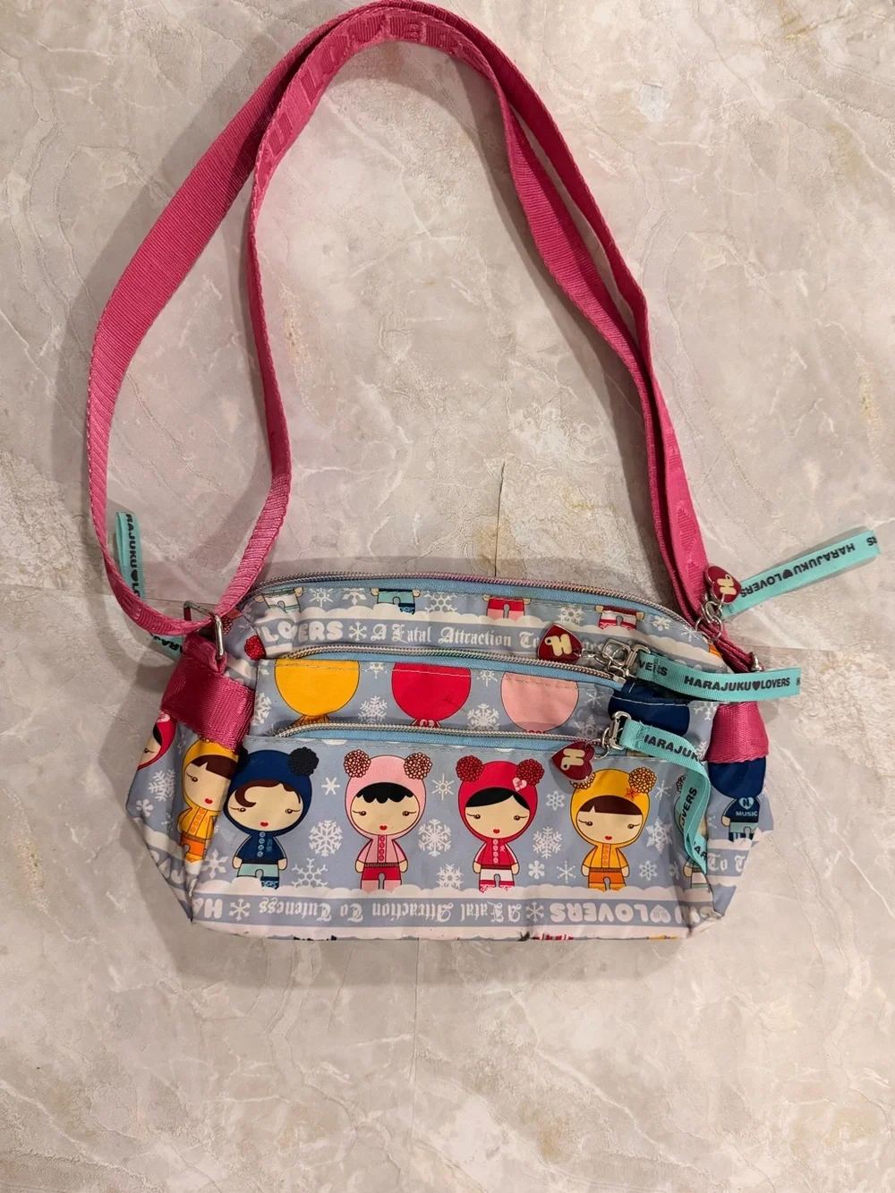 Harajuku Lovers Pink and Light Blue Kids Character Crossbody Bag